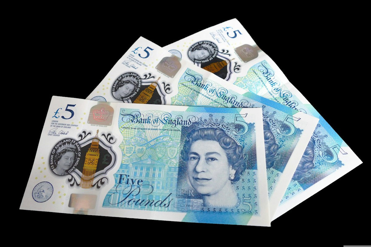 Fan of Bank of England £5 notes, representing sterling credit limits and settlements on a UK B2B travel portal